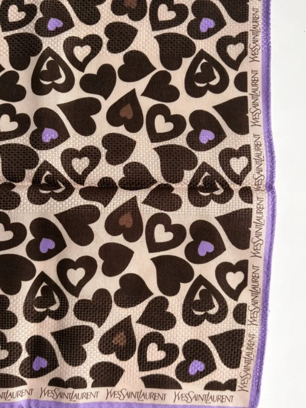 YSL Yves Saint Laurent Heart Print Square Scarf Bandana Lavender Brown NWOT